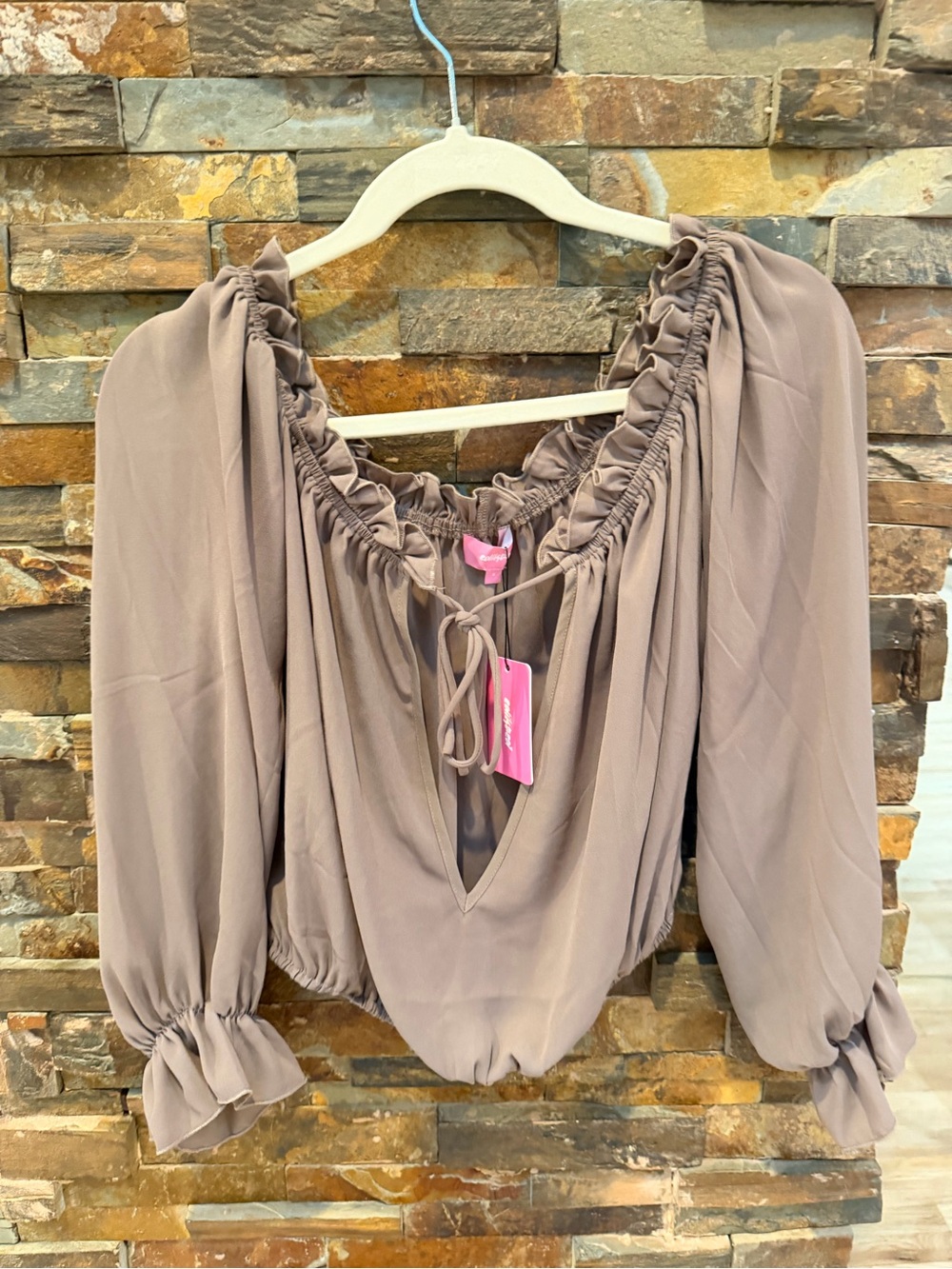 Edikted Taupe Off-Shoulder Ruffle Blouse